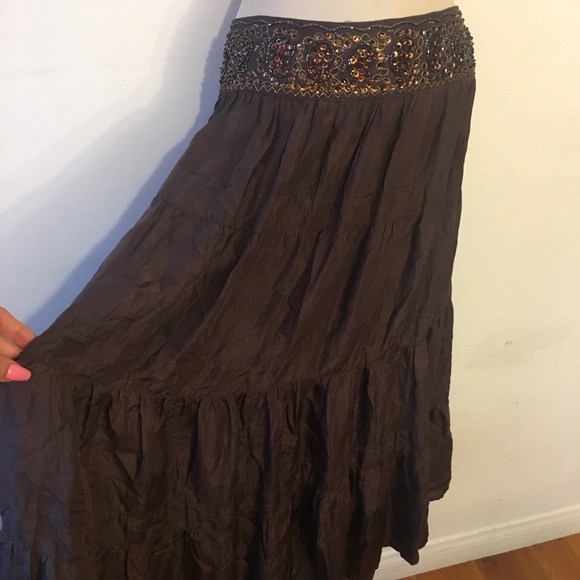 BCBGMaxAzria Skirts Bcbg Brown Embroidered Band Hipster Maxi Skirt